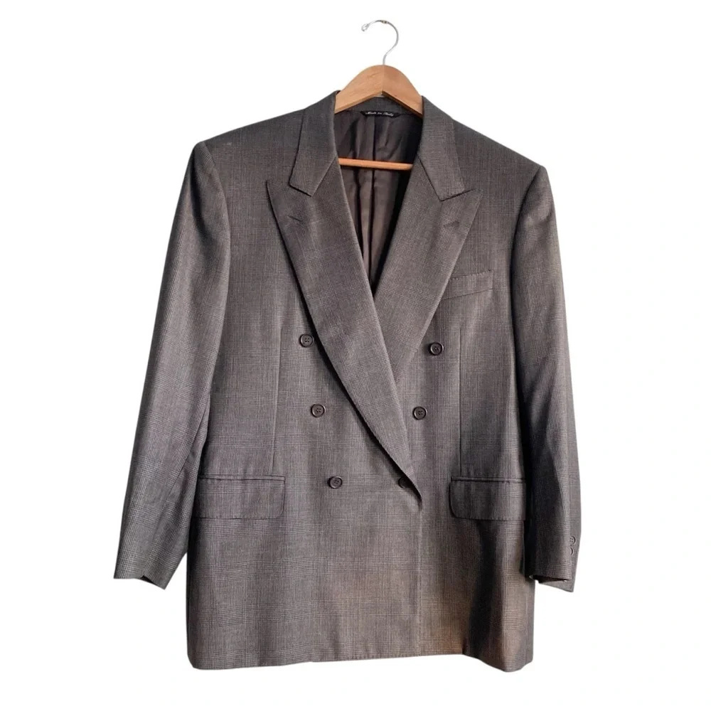Canali Wool Gray Double Breasted Houndstooth Check Blazer Tuxedo Sport Coat 52S